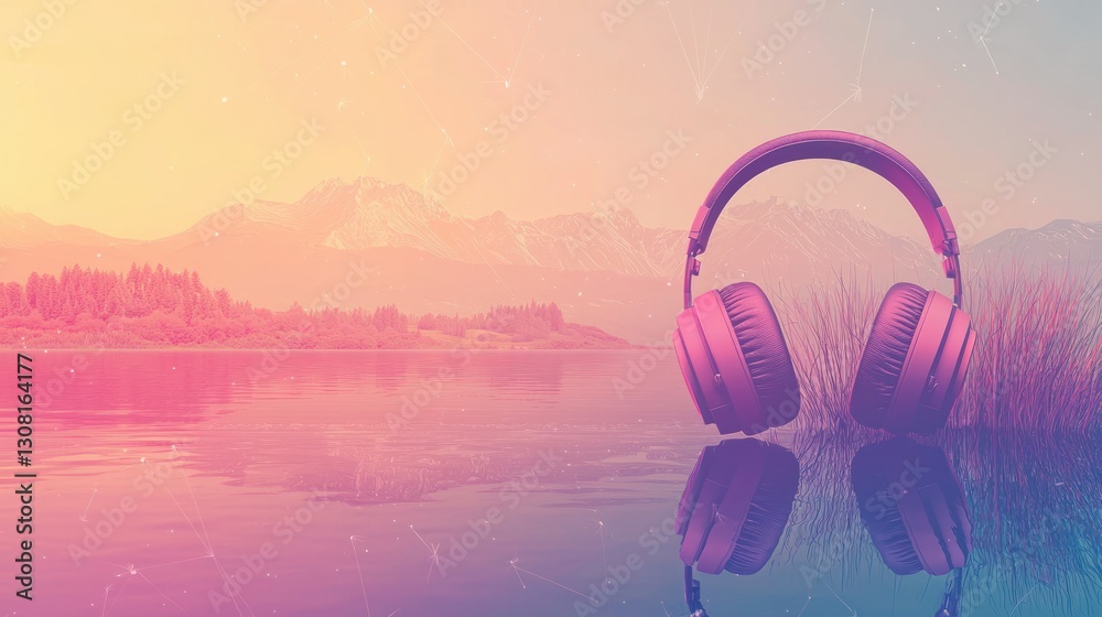Poster a podcast design with headphones and geometric patterns set against a calm landscape.