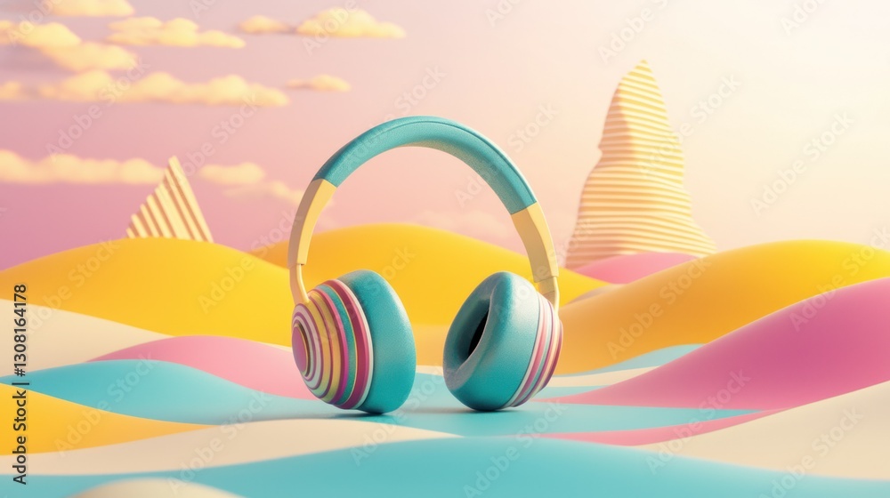 Poster a podcast design with headphones and geometric patterns set against a calm landscape.
