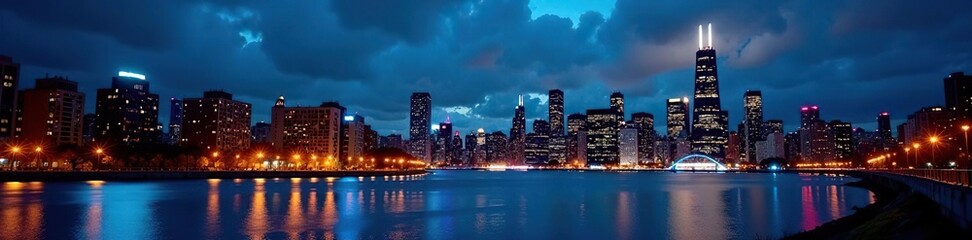 Fototapeta premium Cityscape, river, lights, Chicago skyline at night, highrise, cityscape, dark sky