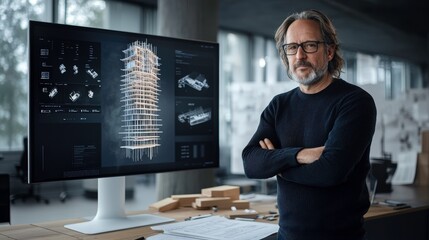 BIM specialist stands confidently in contemporary workspace, showcasing advanced architectural designs on large screen