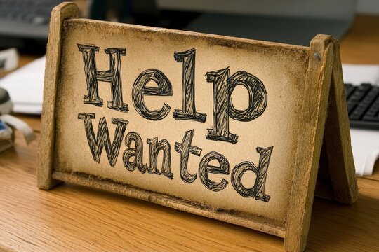 Help Wanted Sign in Office with Wooden Stand and Rustic Background Displaying Job Opportunity