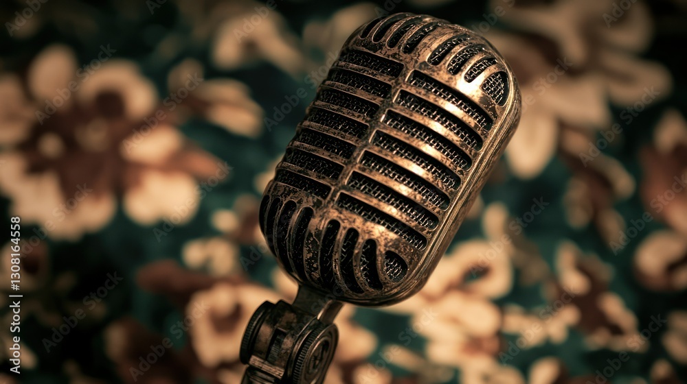 Poster a podcast logo with a vintage microphone icon, paired with elegant script text.