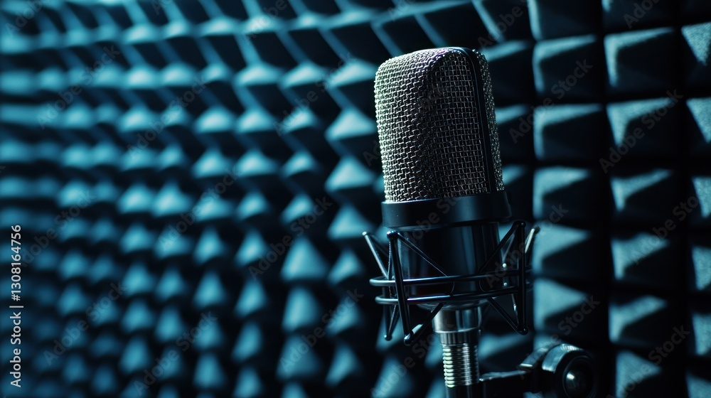 Poster a podcast mic with an adjustable stand in a professional recording studio.