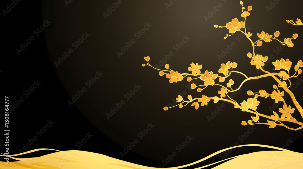 Fototapete a stylized golden blossom branch gracefully curves across a dark background creating a modern and el