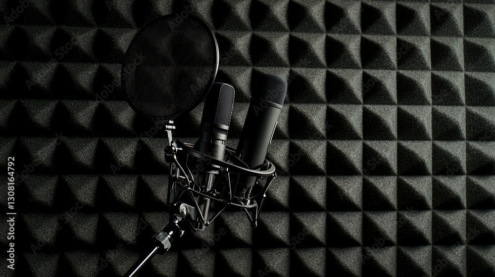 Poster a podcast mic with an adjustable stand in a professional recording studio.