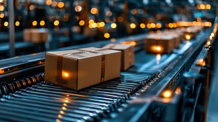 Automated delivery hub with packages moving on conveyor belts, showcasing efficiency and speed in logistics operations