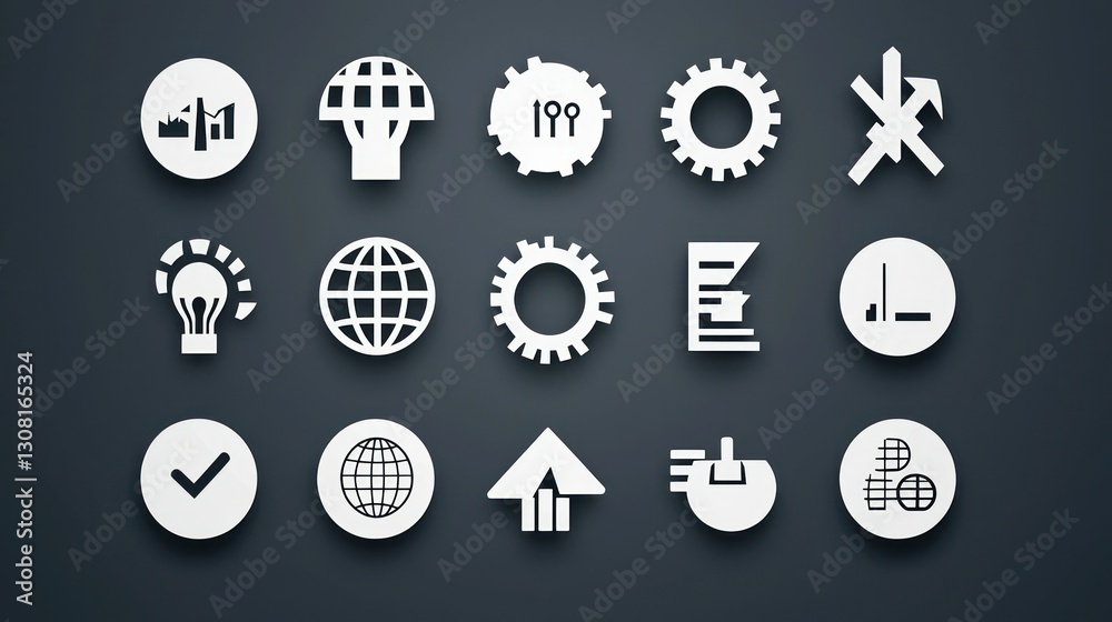 Poster a polished set of white icons representing global business concepts, ideal for branding and presenta