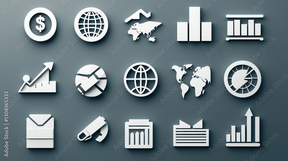 Poster a polished set of white icons representing global business concepts, ideal for branding and presenta