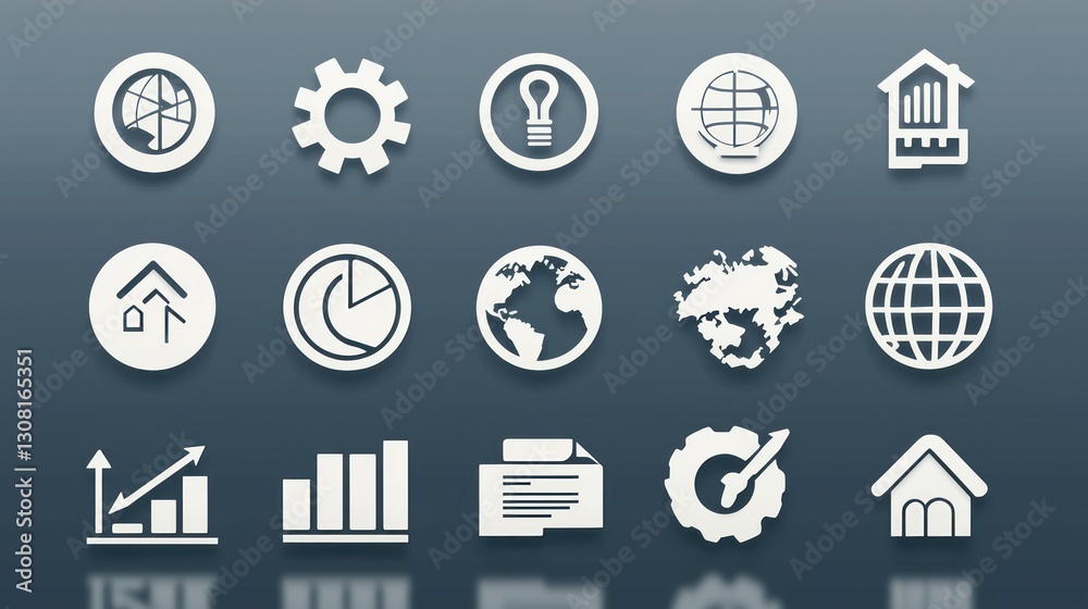 Poster a polished set of white icons representing global business concepts, ideal for branding and presenta