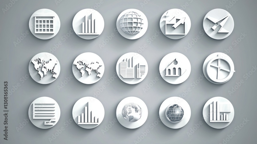 Poster a polished set of white icons representing global business concepts, ideal for branding and presenta