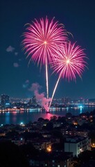 Brilliant fireworks paint the night sky above a city skyline , dazzling, fireworks