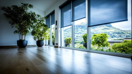 Fototapeta premium Modern Room with Panoramic Window Automated Blinds and Plants