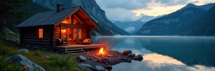 Cozy log cabin by tranquil lake, crackling campfire, lake, nature, silhouette