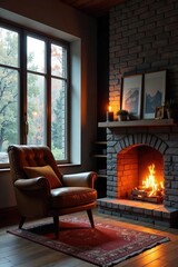 Cozy living room fireplace, armchair by window, relax, autumn