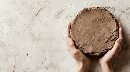 close up view of hands holding round piece of clay against textured background, showcasing artistry of pottery