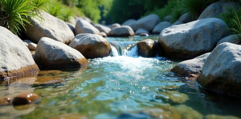 Fototapeta premium Crystal clear water cascades over smooth, grey rocks in a shallow stream , aquatic, water