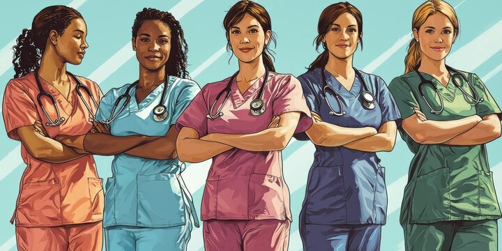 A professional International Womenâ€™s Day illustration showcasing women nurses working in healthcare.