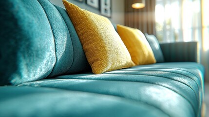 close up of modern teal velvet sofa with yellow cushions, showcasing its texture and design. soft fabric and vibrant colors create cozy atmosphere