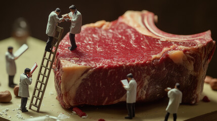 Miniature doctors inspecting a raw ribeye steak on a brown table, blurred background
