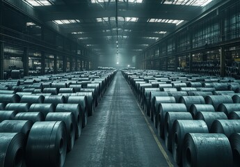 Fototapeta premium Industrial warehouse interior with numerous steel coils arranged in an organized manner beneath a beautifully lit ceiling for manufacturing or construction purposes