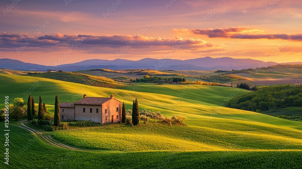 Poster a quiet farmhouse and surrounding fields illuminated by the vibrant colors of a sunset.