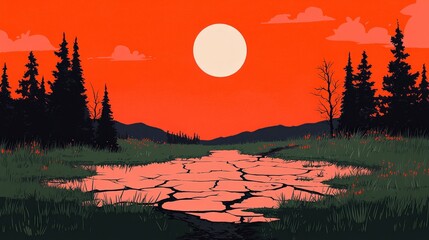 Drought Landscape  Dry Riverbed  Cracked Earth  Sunset