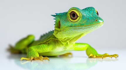 Fototapeta premium A vibrant green lizard perches, displaying a delicate blend of light green and subtle blue hues on its expressive face, eyes glinting with life. Its slender neck curves gracefully