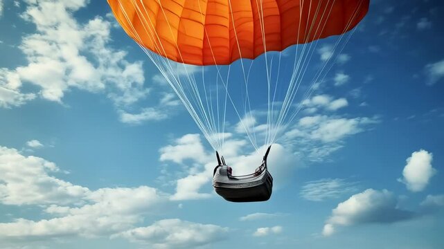 Exciting tandem parachute jump under a bright blue sky with fluffy clouds