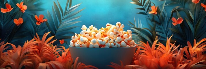 Obraz premium Overflowing Bowl of Popcorn Surrounded by Lush Tropical Foliage and Vibrant Flowers, Creating a Contrast of Snack and Nature in a Surreal Setting