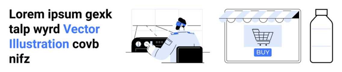 Man browsing for items online, store window with shopping cart, and bottle icon. Ideal for e-commerce, product listing, digital marketing, user interface, delivery services, online business concepts