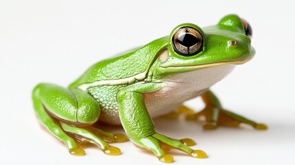 Obraz premium Vivid green tree frog perched elegantly, facing right with an inviting tilt, poised amidst lush foliage—a glimpse into vibrant natural beauty