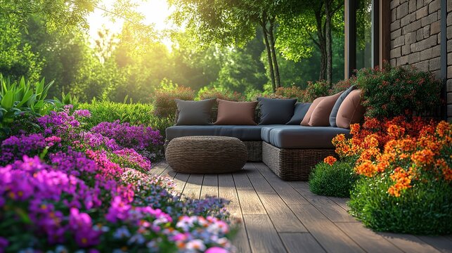 Bright and vibrant garden terrace with comfortable seating surrounded by colorful flowers in a sunny setting for relaxation and enjoyment. Architecture and home decor background concept.