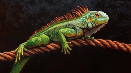 Fototapeta premium A vibrant oil painting captures a poised green iguana on a rustic brown rope, its head subtly tilted while gazing right, embodying serene elegance