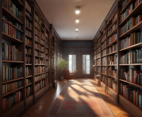 Long narrow library with tall bookshelves and a large reading area, peaceful environment, quiet space, wooden furniture