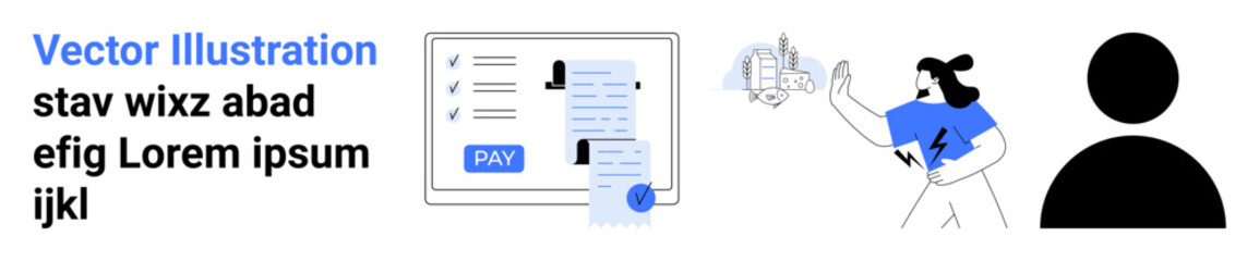 Digital payment interface with checklist, pay button, receipt paper, user interaction, avatar placeholder, and global connection graphic. Ideal for finance, e-commerce, apps tech workflow