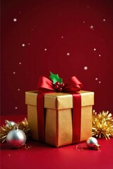 A Festive Gold Gift Box with a Red Ribbon and Holly Decorated for the Winter Holidays on a Red Background