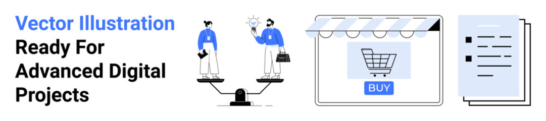 Two people balancing scales, online shopping cart, and documents representing analysis, e-commerce, and decision-making. Ideal for business, finance, technology, productivity commerce workflow