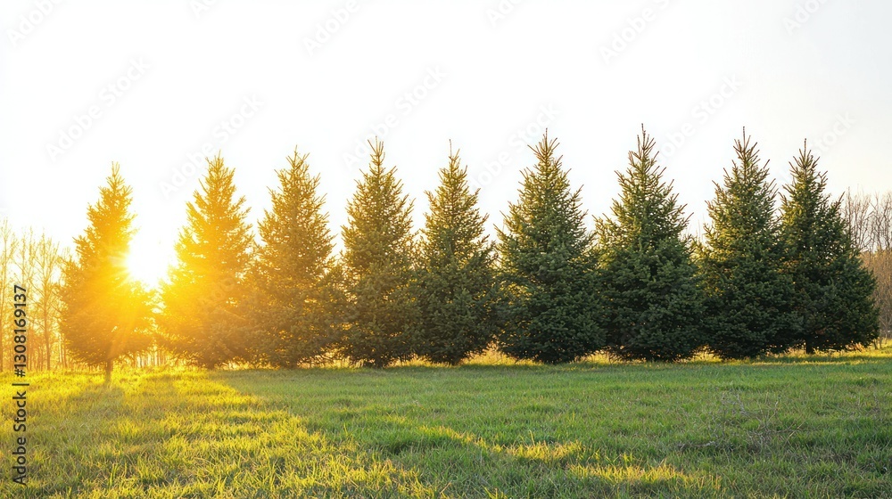 Poster a row of pine trees creating a natural border against a bright sky