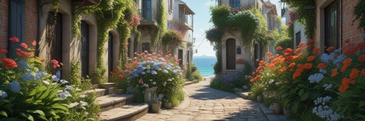 Fototapeta premium lush greenery and flowers create a peaceful atmosphere in a seaside alley, peace, landscape, flowers