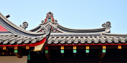 Asian inspired building with intricate oriental decorations adorning the facade, including ornate eaves, traditional wooden carvings, and colorful tiled rooftops, asian, eaves