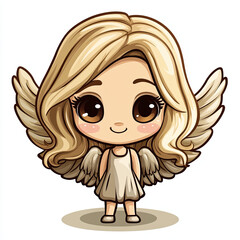 Cute chibi angel with blonde hair and fluffy wings, smiling joyfully