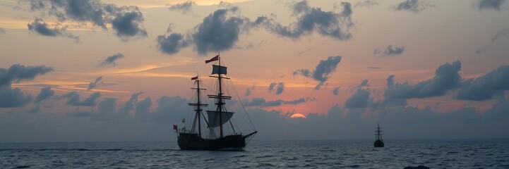 Fototapeta premium Ancient Greek merchant ship sailing on calm sea at sunset with cloudy sky in background, tranquil, historical