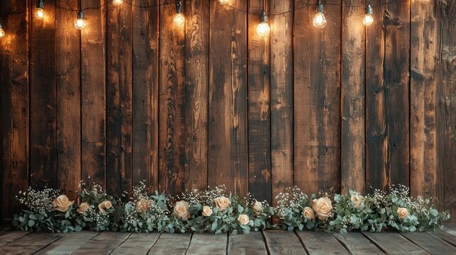 A rustic barn wedding background with wooden textures and hanging lanterns