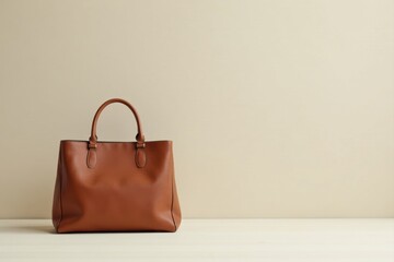 A stylish brown leather tote bag rests on a minimalist surface against a neutral backdrop