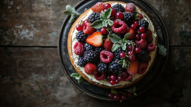 A rustic naked wedding cake topped with berries and greenery.
