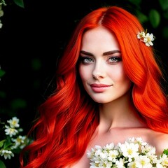 Naklejka premium a portrait of an woman with red hair and flowers; depicting her beauty