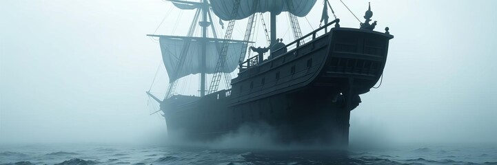 A mysterious pirate ship emerges from the thick fog, its tattered sails billowing in the wind, on a white background, fantasy, pirate ship