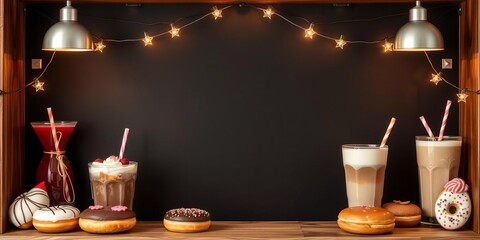 A mouthwatering donut dessert surrounded by cafe drinks and sweets in a cute display, dessert, delicious
