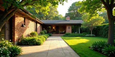 Tranquil Brick Residence with Expansive Lawn and Lush Greenery, Sunlight Illuminating the Pathway to a Serene Patio