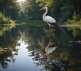 Obraz premium Majestic white stork admiring its reflection in serene lake water, bird, tranquil, white stork
